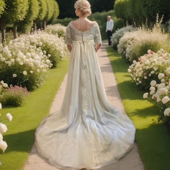 60s IVORY LACE & COTTON VOILE BEADED WEDDING GOWN W WATTEAU TRAIN & VEIL SZ S - Picture 2 of 14